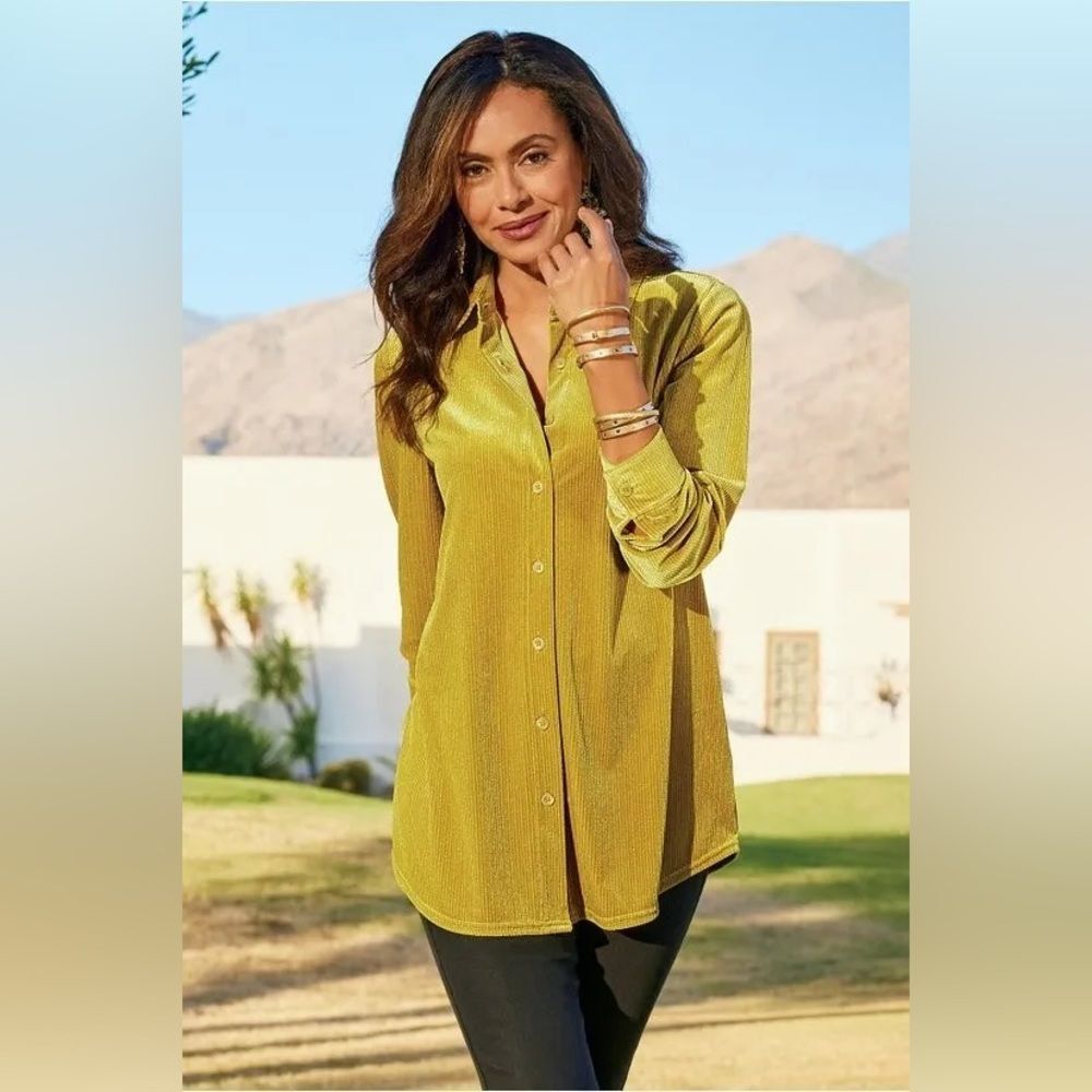 Soft Surroundings Boyfriend Button Up Shirt Size 3X Gold Velvet Corduroy